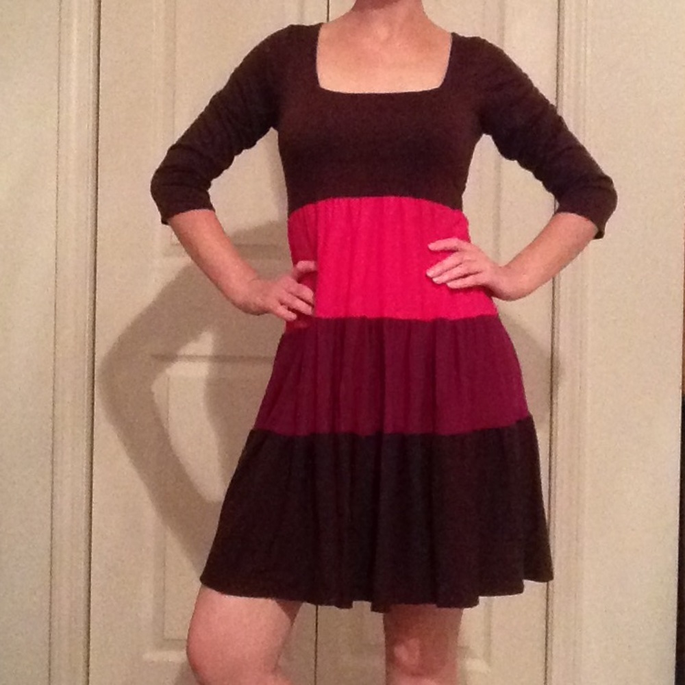 Brown Pink Purple Colorblock Dress 3/4 Sleeve